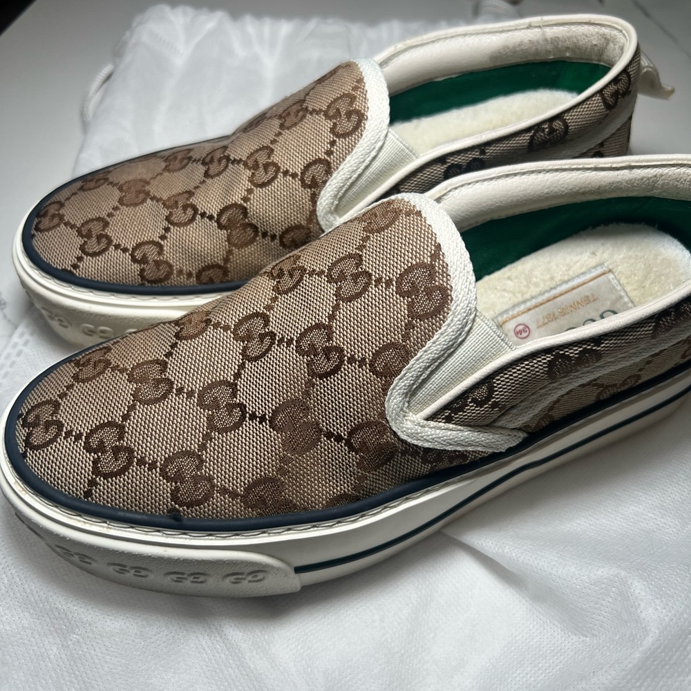 Gucci Beige and White Slip-On Shoes
